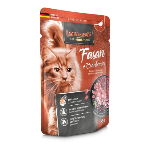 LEONARDO Nassfutter für Katzen, Fasan & Cranberries, 85g Beutel, für Katzen mit Diabetis