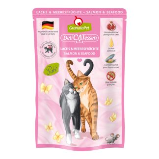 GranataPet Nassfutter für Katzen, Lachs & Meeresfrüchte, 85g Beutel, für Diabetiker Katzen