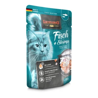 LEONARDO Nassfutter für Katzen, Fisch & Shrimps, 85g Beutel, für Katzen mit Diabetis