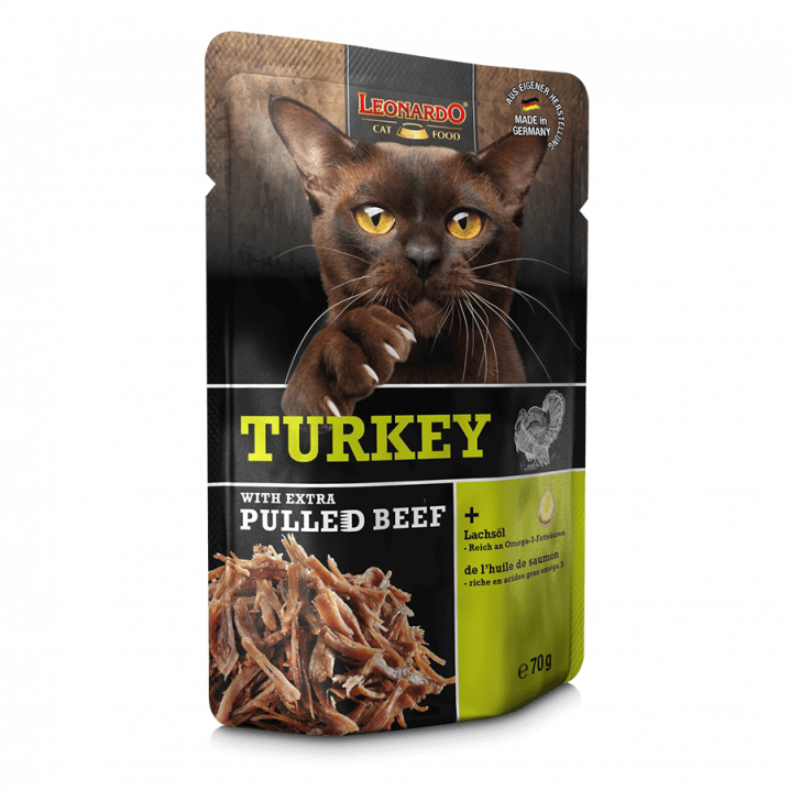 LEONARDO Nassfutter für Katzen, Pulled Turkey, 70g Beutel