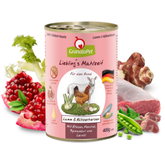 GranataPet Nassfutter für Hunde, Lamm & Hühnerherzen, 400 g Dose