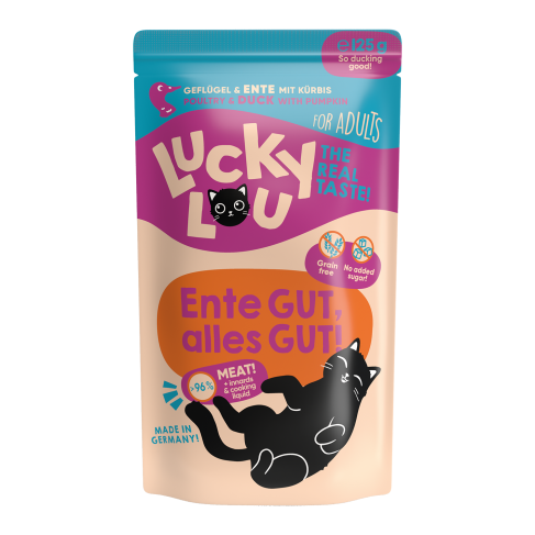 Lucky Lou Nassfutter für Katzen, Geflügel & Ente mit Kürbis, 125g Beutel, für Katzen mit Diabetis