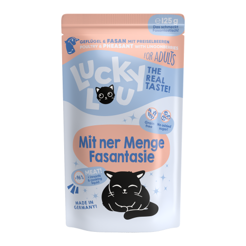 Lucky Lou Nassfutter für Katzen, Geflügel & Fasan mit Preiselbeeren, 125g Beutel, für Katzen mit Diabetis