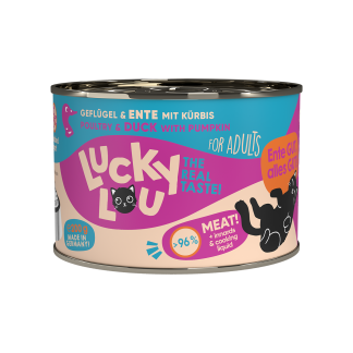 Lucky Lou Nassfutter für Katzen, Geflügel & Ente mit Kürbis, 200g Dose, für Katzen mit Diabetis