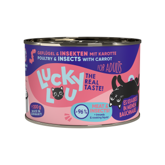 Lucky Lou Nassfutter für Katzen, Geflügel & Insekten mit Karotte, 200g Dose, für Katzen mit Diabetis
