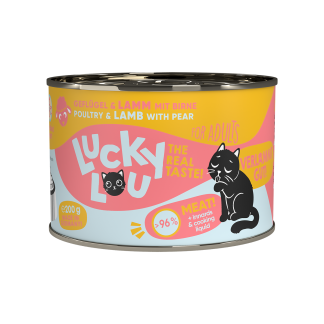 Lucky Lou Nassfutter für Katzen, Geflügel & Lamm mit Birne, 200g Dose, für Katzen mit Diabetis