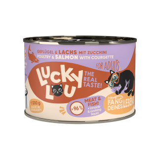 Lucky Lou Nassfutter für Katzen, Geflügel & Lachs mit Zucchini, 200g Dose