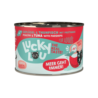 Lucky Lou Nassfutter für Katzen, Geflügel & Thunfisch mit Pastinake, 200g Dose